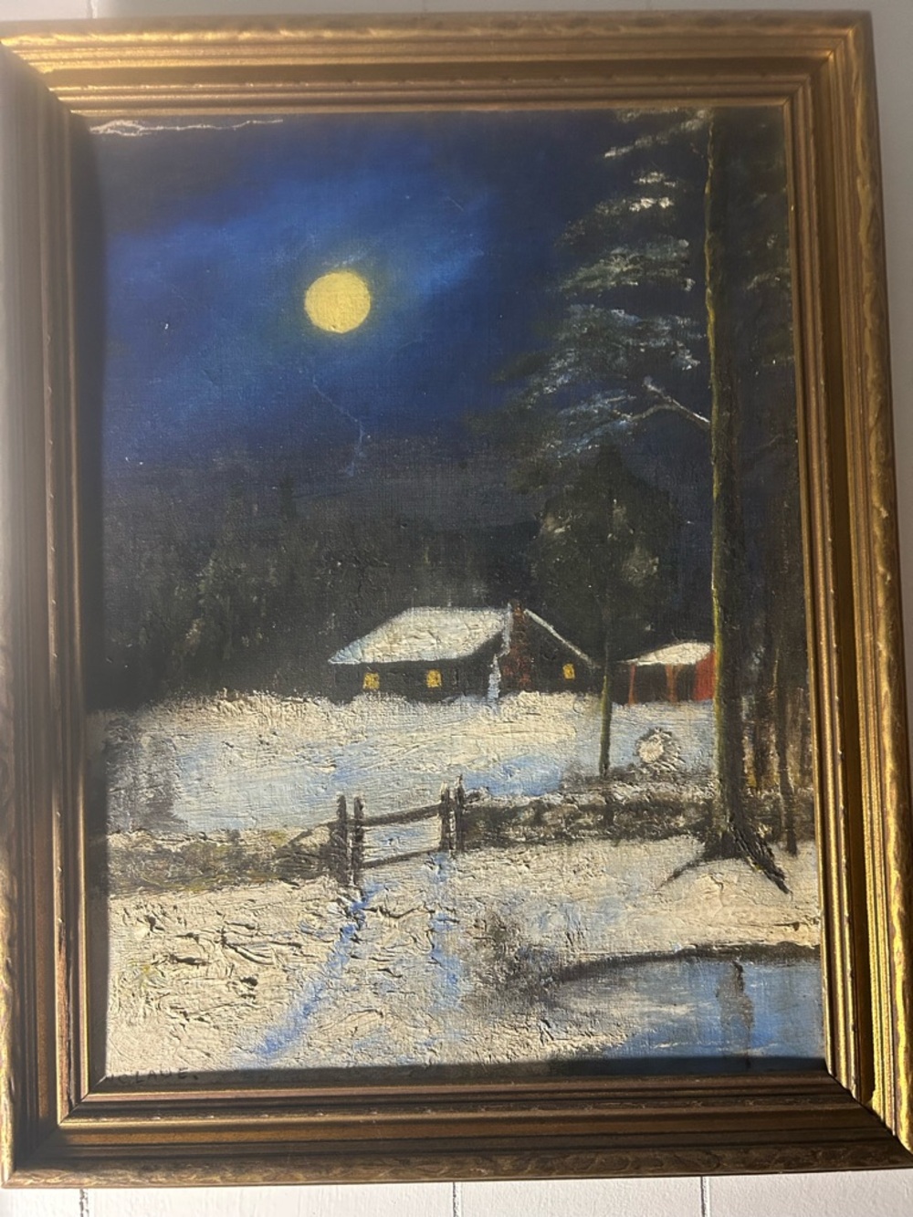 Winter Moonlight Cabin Canvas Wall Art - Blue & White